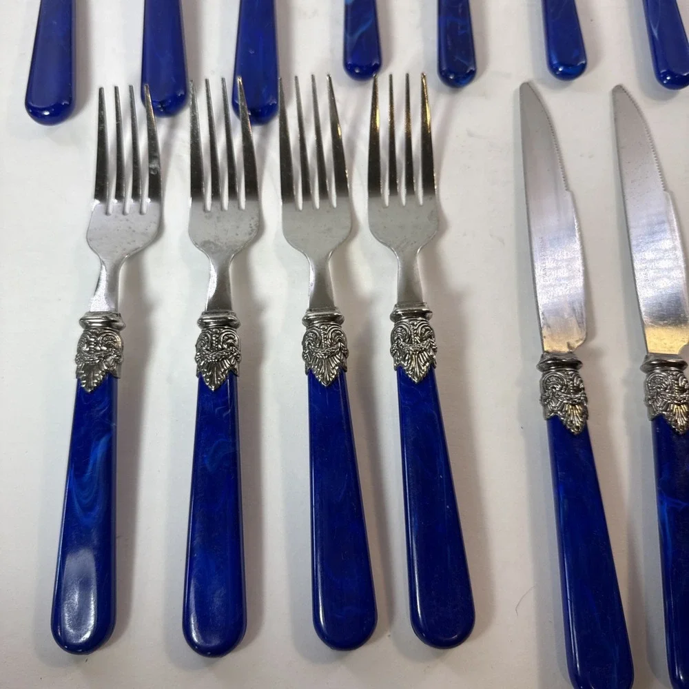 Vtg Blue Marbled Swirl Acrylic Handle Silverware Stainless Flatware Forks Spoons